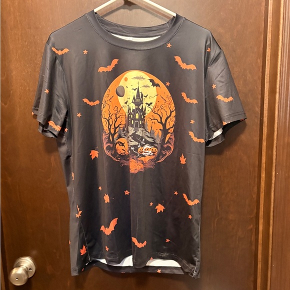 Tops - Halloween Graphic T-Shirt with Orange and Black Design
